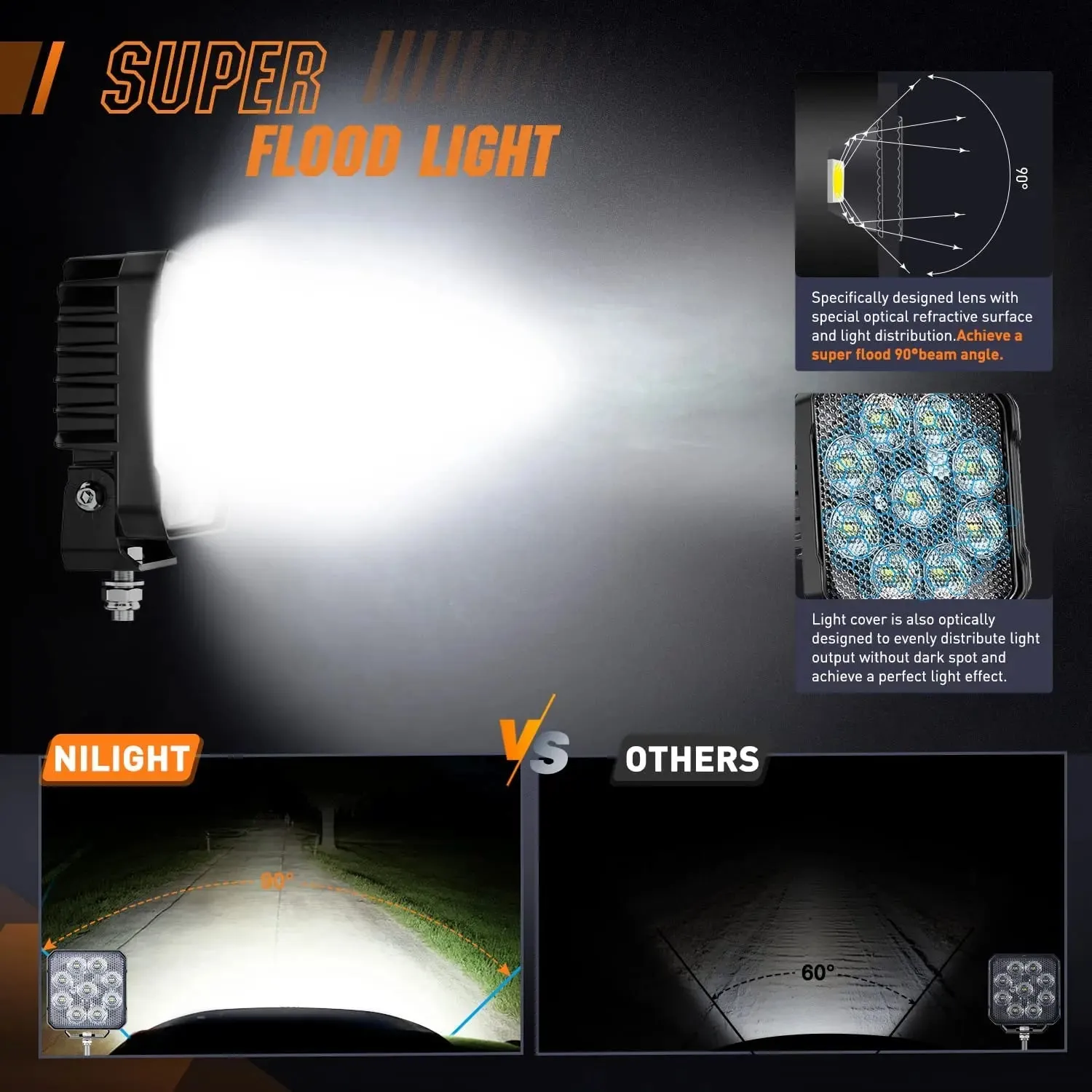 4 Inch 27W 3370LM Square Flood Built-in EMC LED Work Lights (Pair)