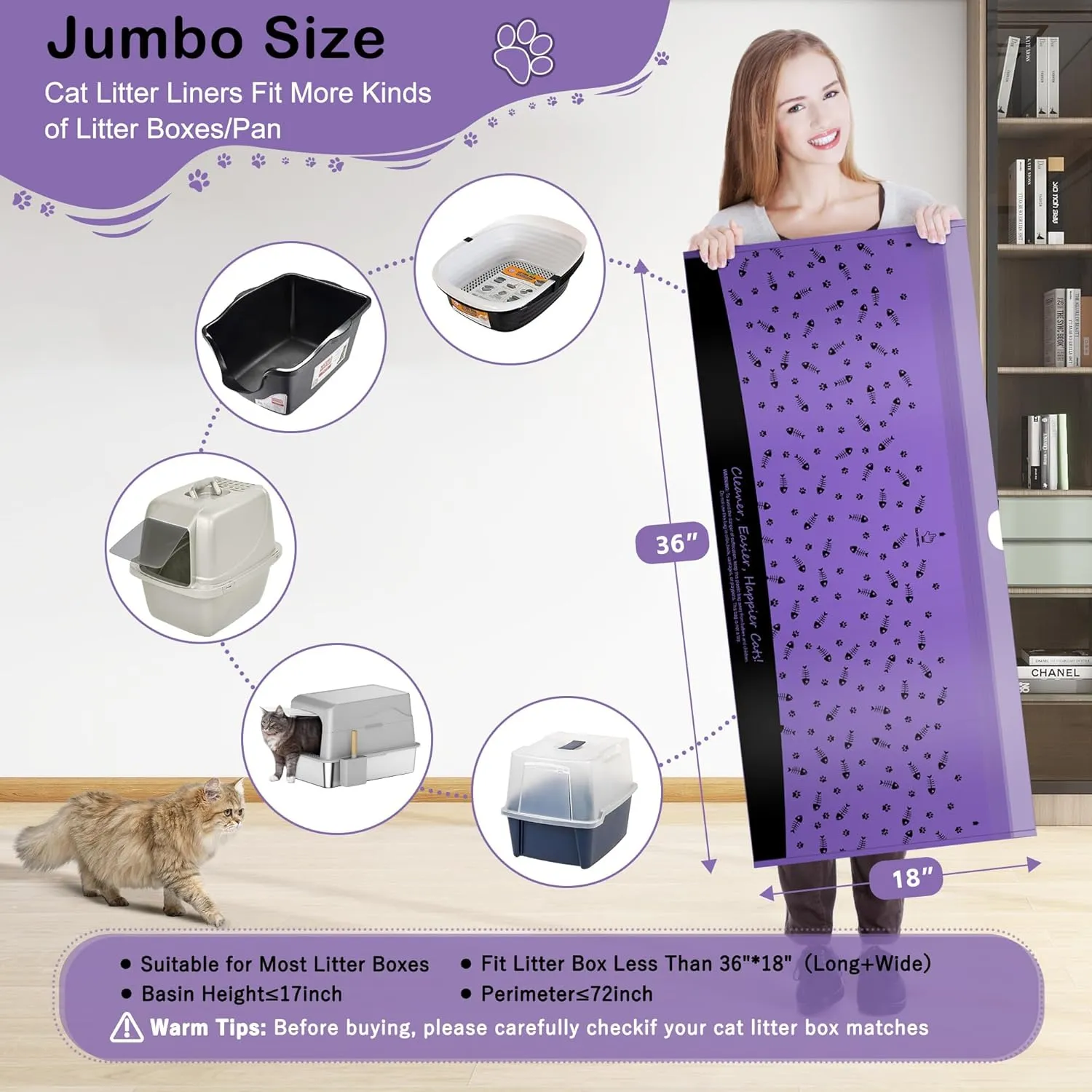 80 Count XL Litter Box Liners, Extra Durable Kitty Litter Box Waste Bags, Jumbo Drawstring Extra Thick Pet Cat Pan Liners - 36" x 18"