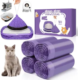 80 Count XL Litter Box Liners, Extra Durable Kitty Litter Box Waste Bags, Jumbo Drawstring Extra Thick Pet Cat Pan Liners - 36" x 18"