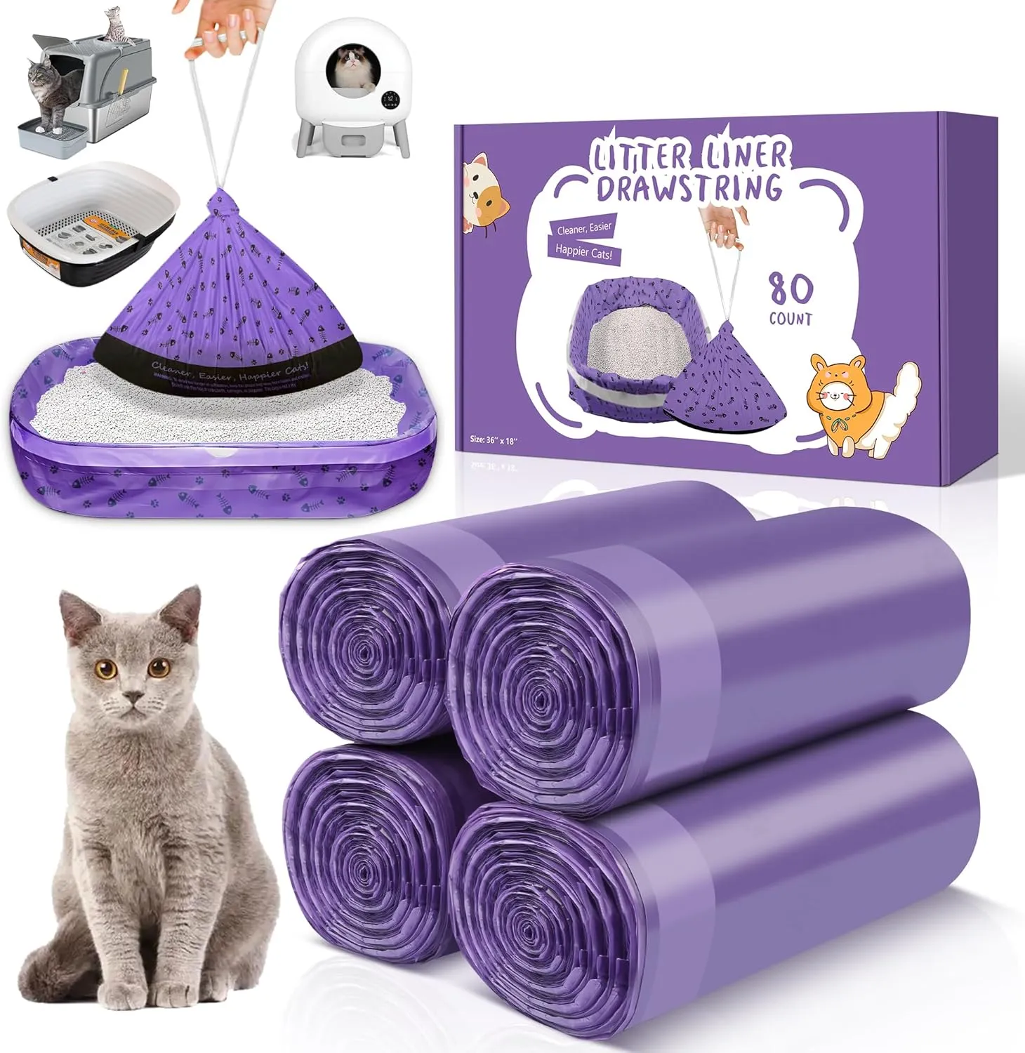80 Count XL Litter Box Liners, Extra Durable Kitty Litter Box Waste Bags, Jumbo Drawstring Extra Thick Pet Cat Pan Liners - 36" x 18"