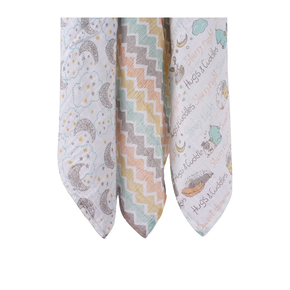 Abracadabra Cotton Muslin Swaddle for Newborns Pack of 3 (Sleepy Friends) - Pastel Multicolor