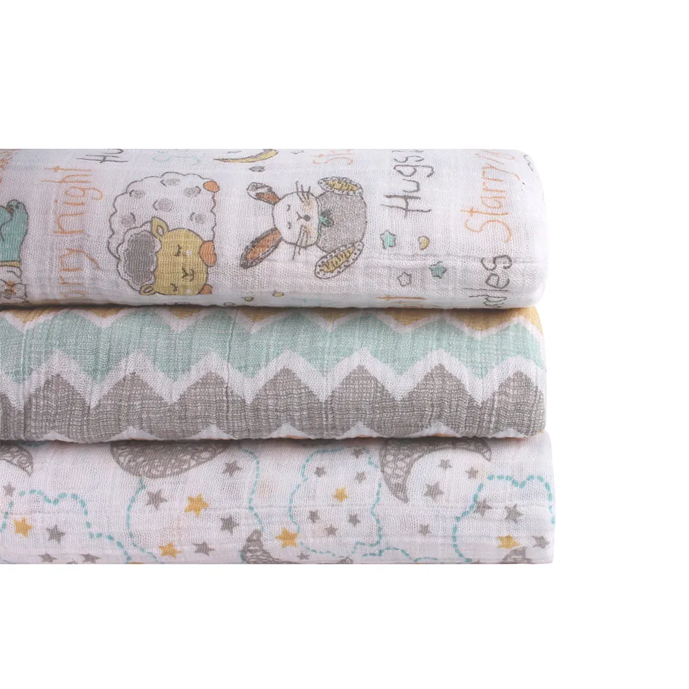 Abracadabra Cotton Muslin Swaddle for Newborns Pack of 3 (Sleepy Friends) - Pastel Multicolor