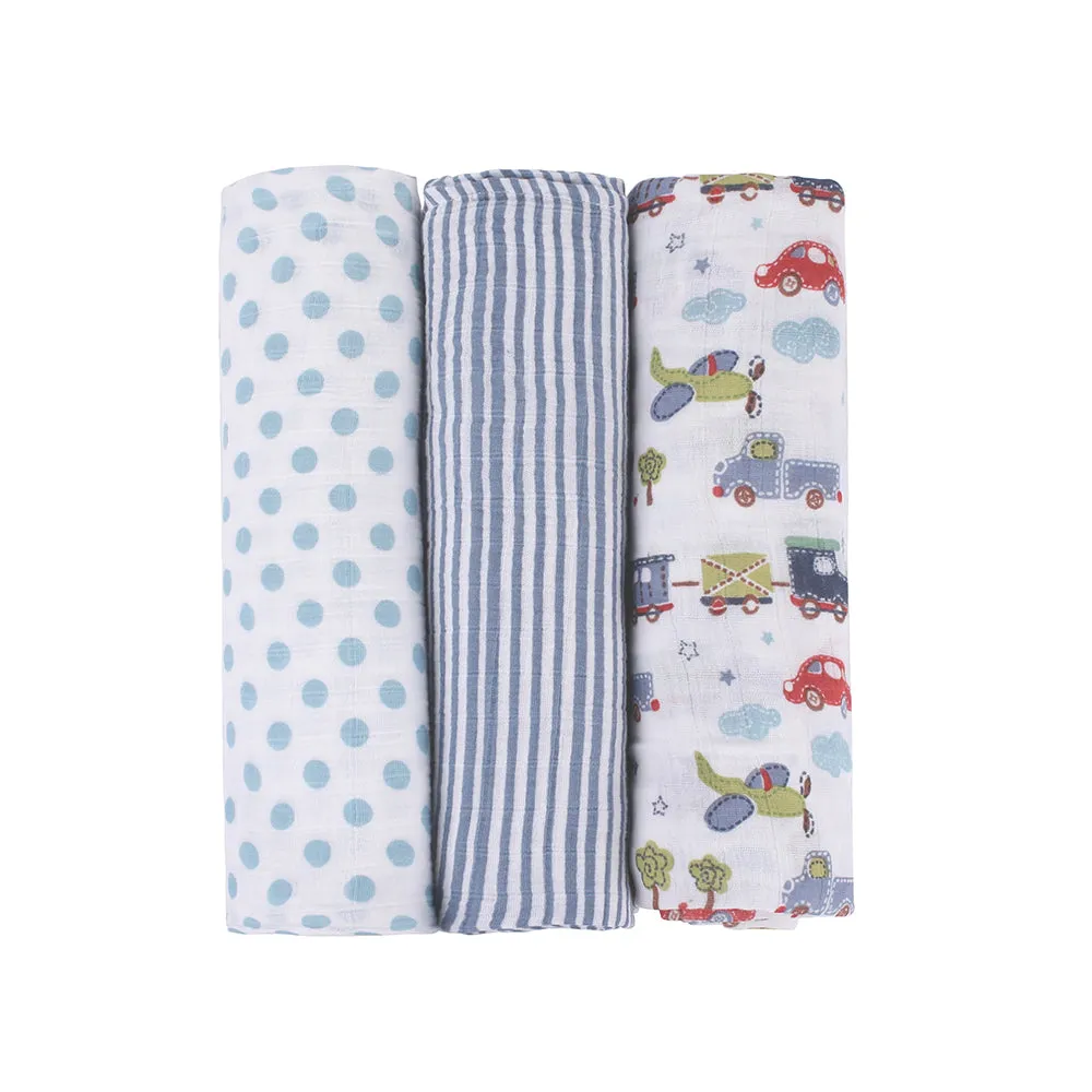 Abracadabra Cotton Muslin Swaddle For Newborns Pack of 3 (Transport) - Blue