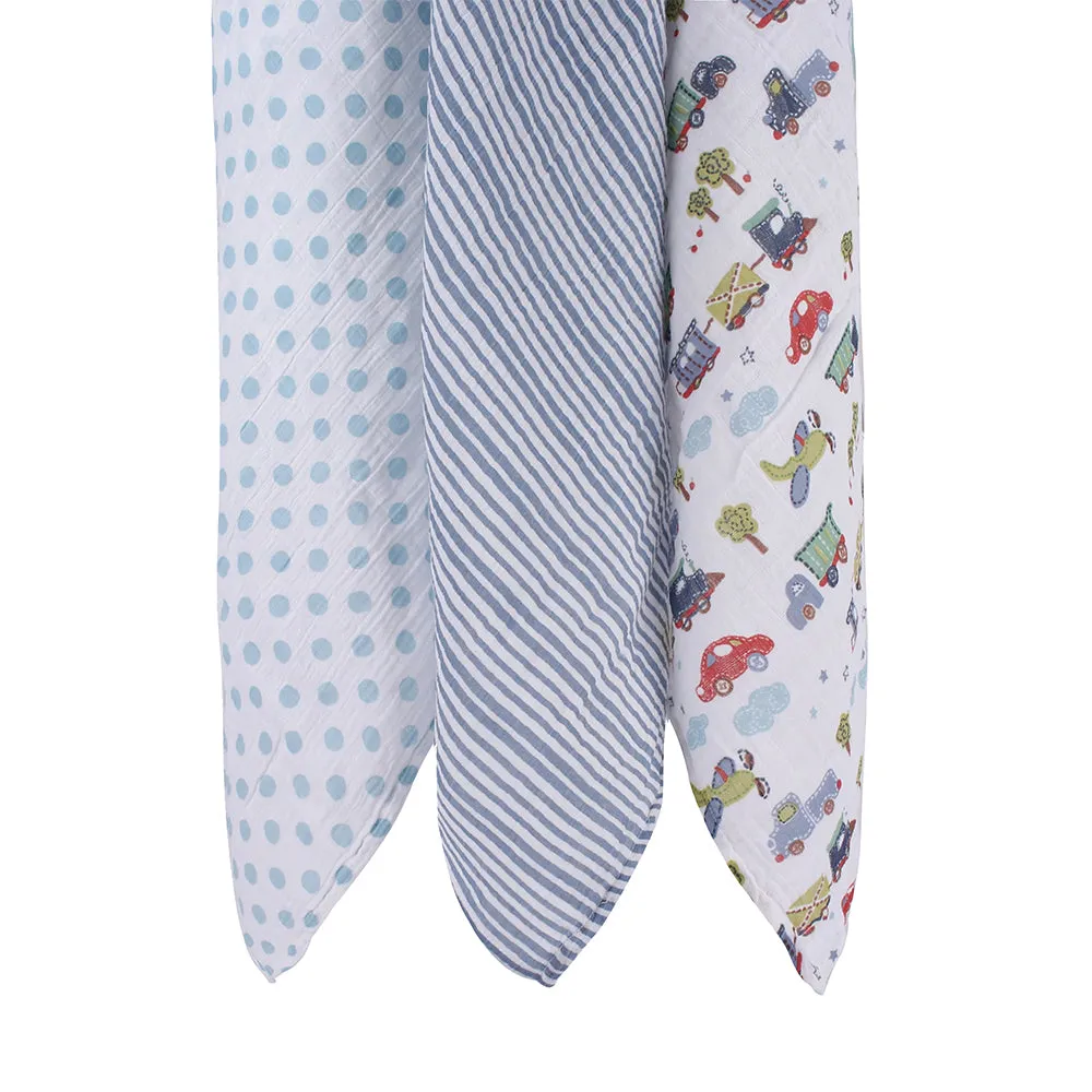 Abracadabra Cotton Muslin Swaddle For Newborns Pack of 3 (Transport) - Blue