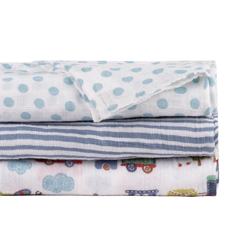 Abracadabra Cotton Muslin Swaddle For Newborns Pack of 3 (Transport) - Blue