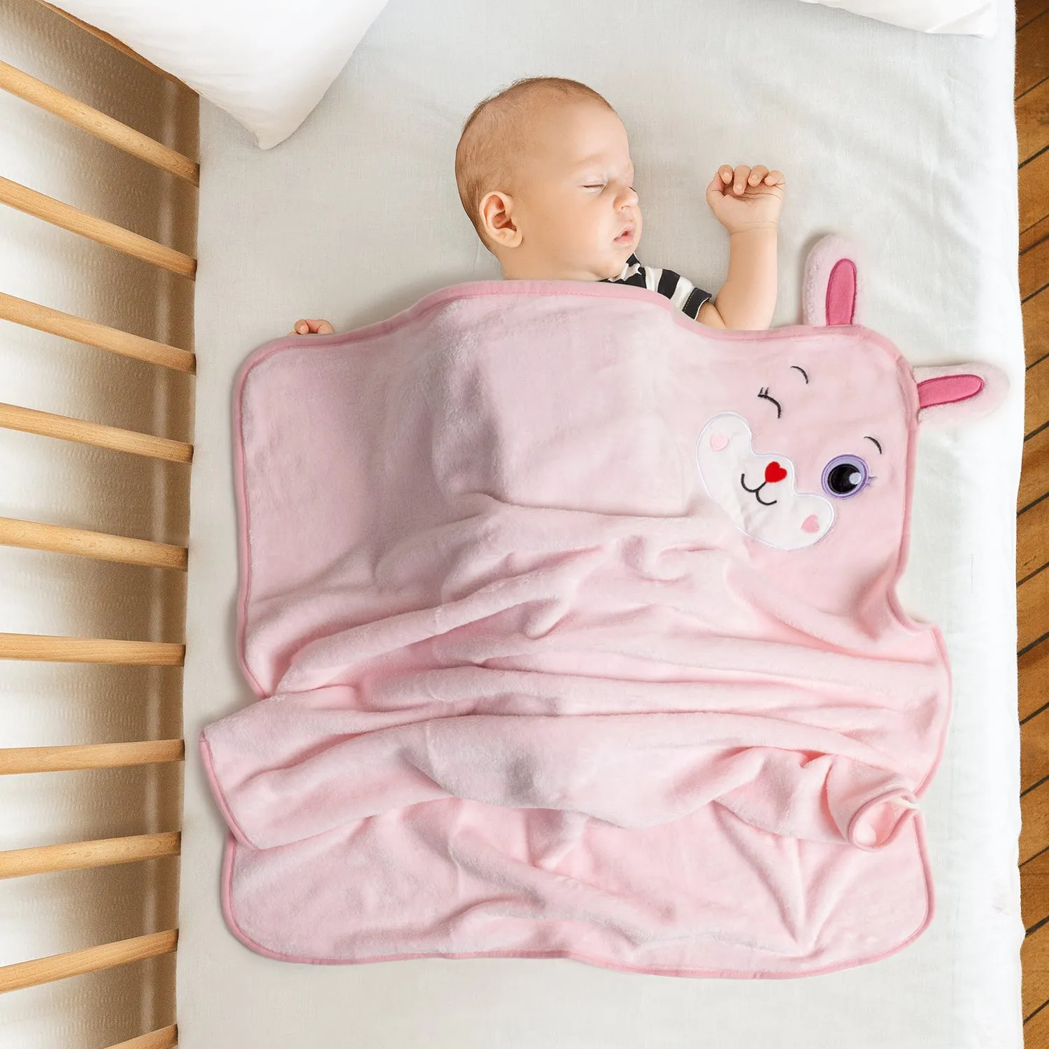 Baby Moo Rabbit Applique with 3D Ears Soft Blanket - Pink
