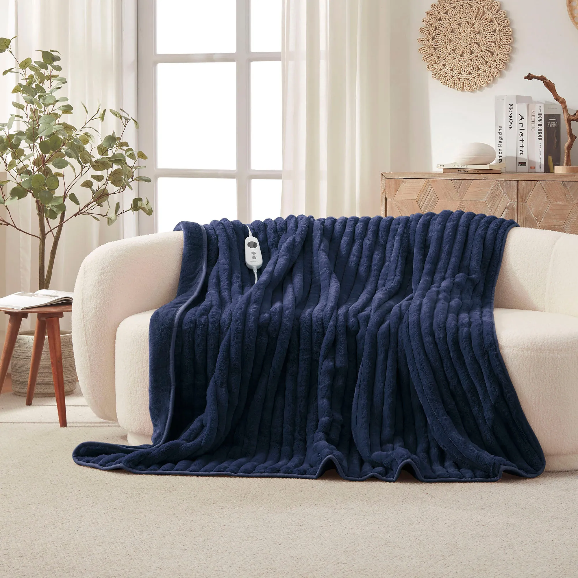 Chunky Embossed Fleece Heated Throw Midnight Blue