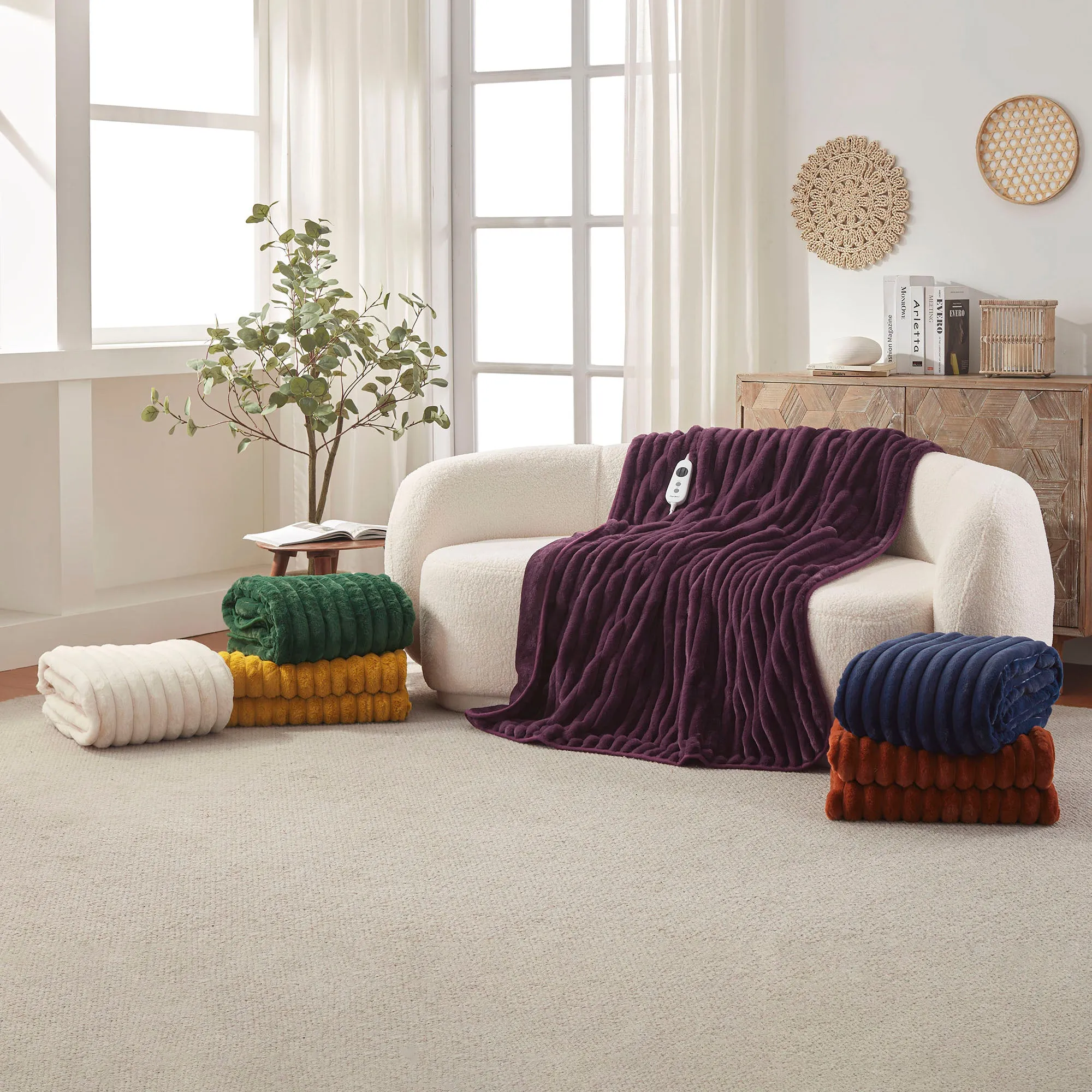 Chunky Embossed Fleece Heated Throw Midnight Blue
