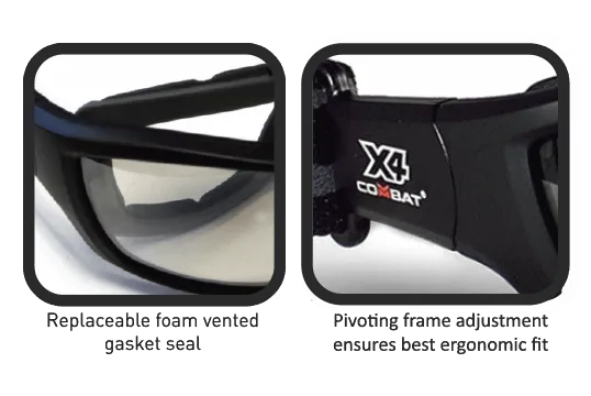 Combat X4 Safety Glasses, Meets USA Military Ballistic Eyewear Standard.
