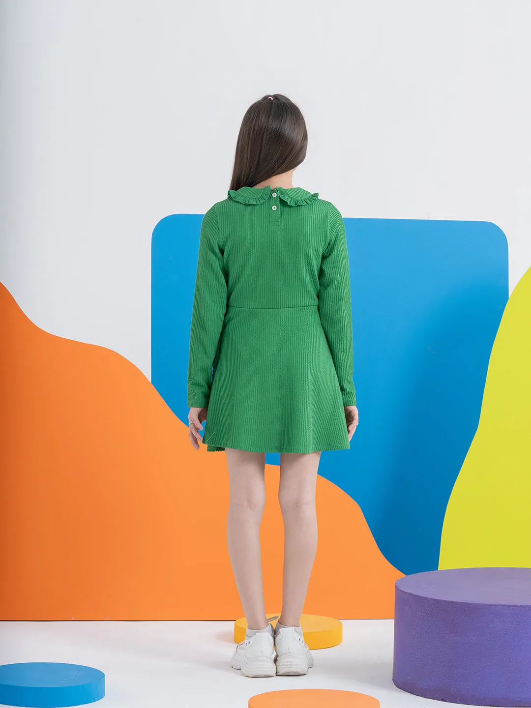Green Wavy Seersucker Dress with Peter Pan Collars