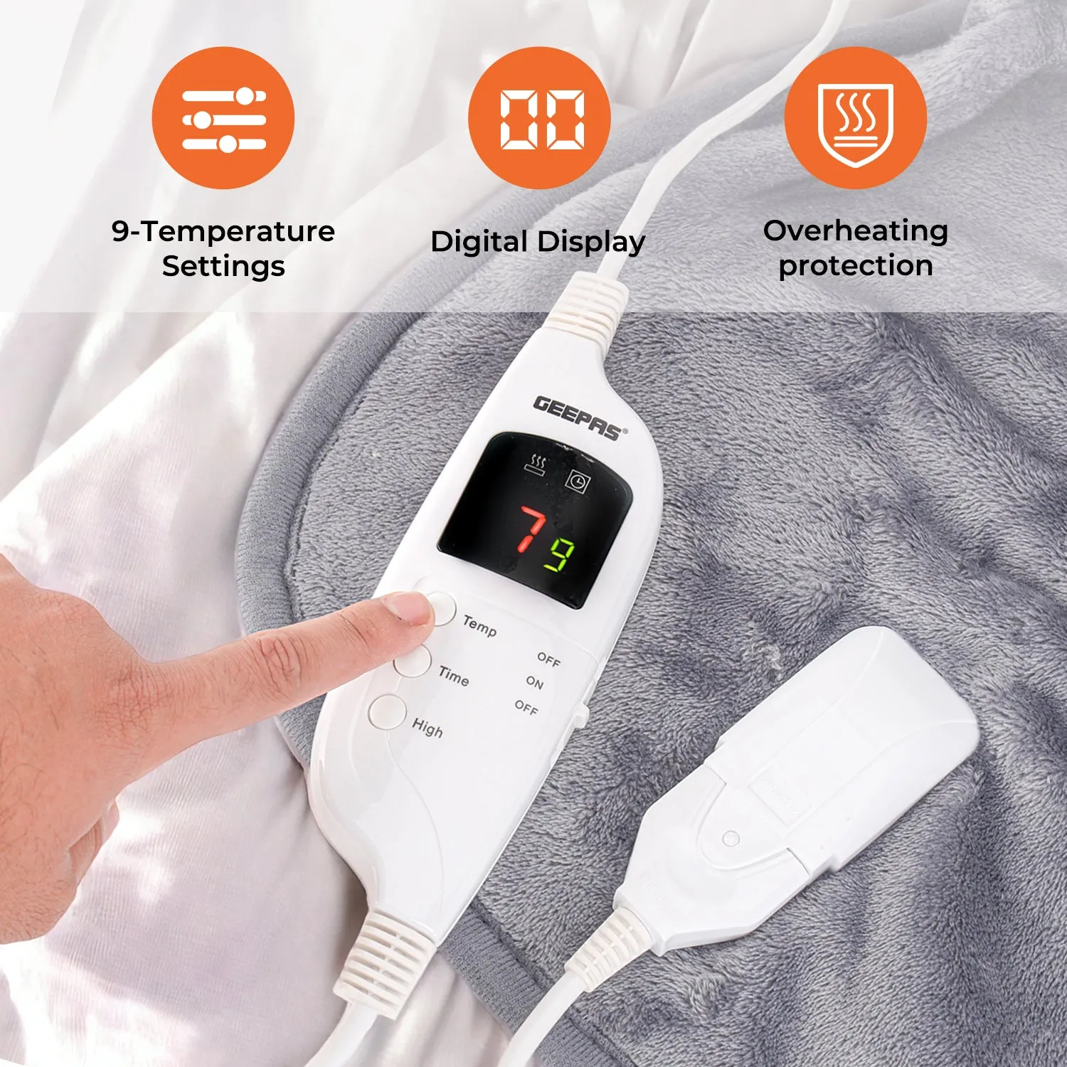 Grey Fluffy King-Size Heated Throw Electric Blanket With Timer