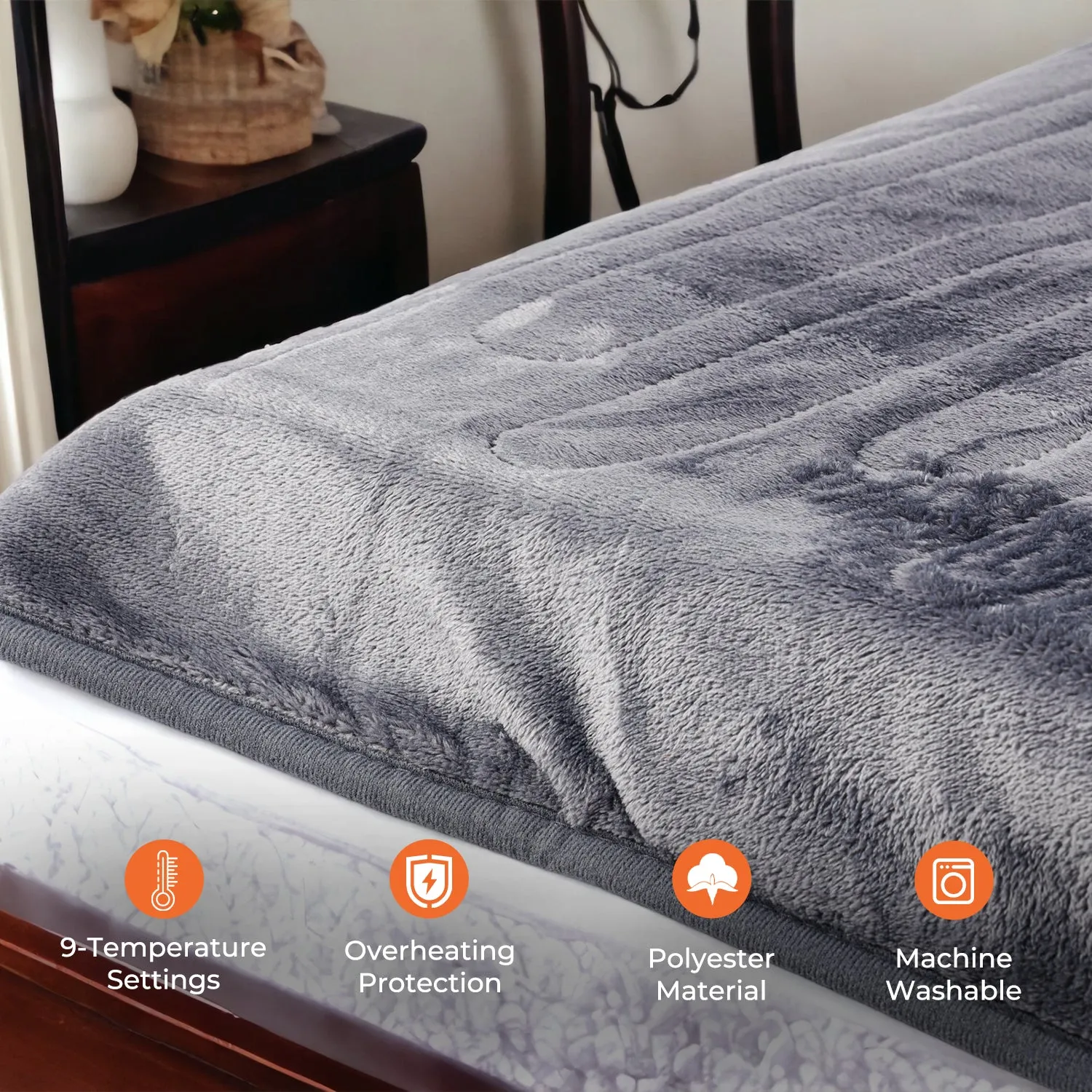 Grey Fluffy King-Size Heated Throw Electric Blanket With Timer