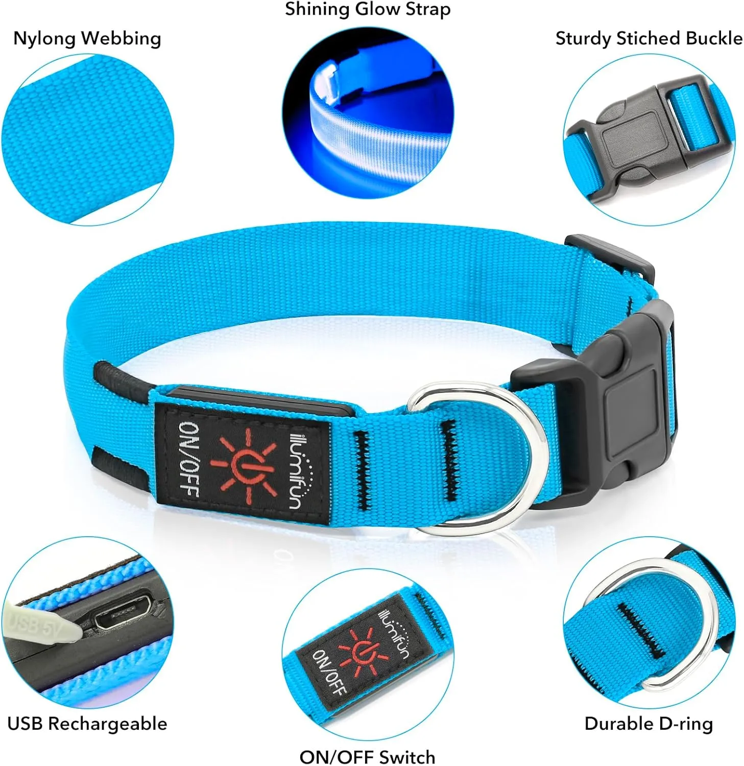 Illumifun LED Dog Collar, Adjustable Dog Light Up Collars, USB Rechargeable Safety Collar Light Glow in The Dark (Blue, Large)