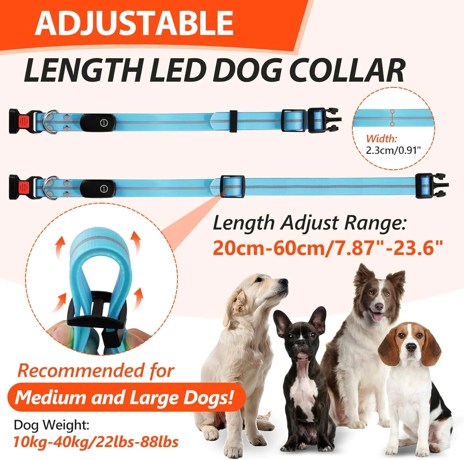 LED Dog Collars - USB Rechargeable, Waterproof, Flashing Glow in Dark, Adjustable Light Up Collars for Night Walking (Blue, Pack of 1)