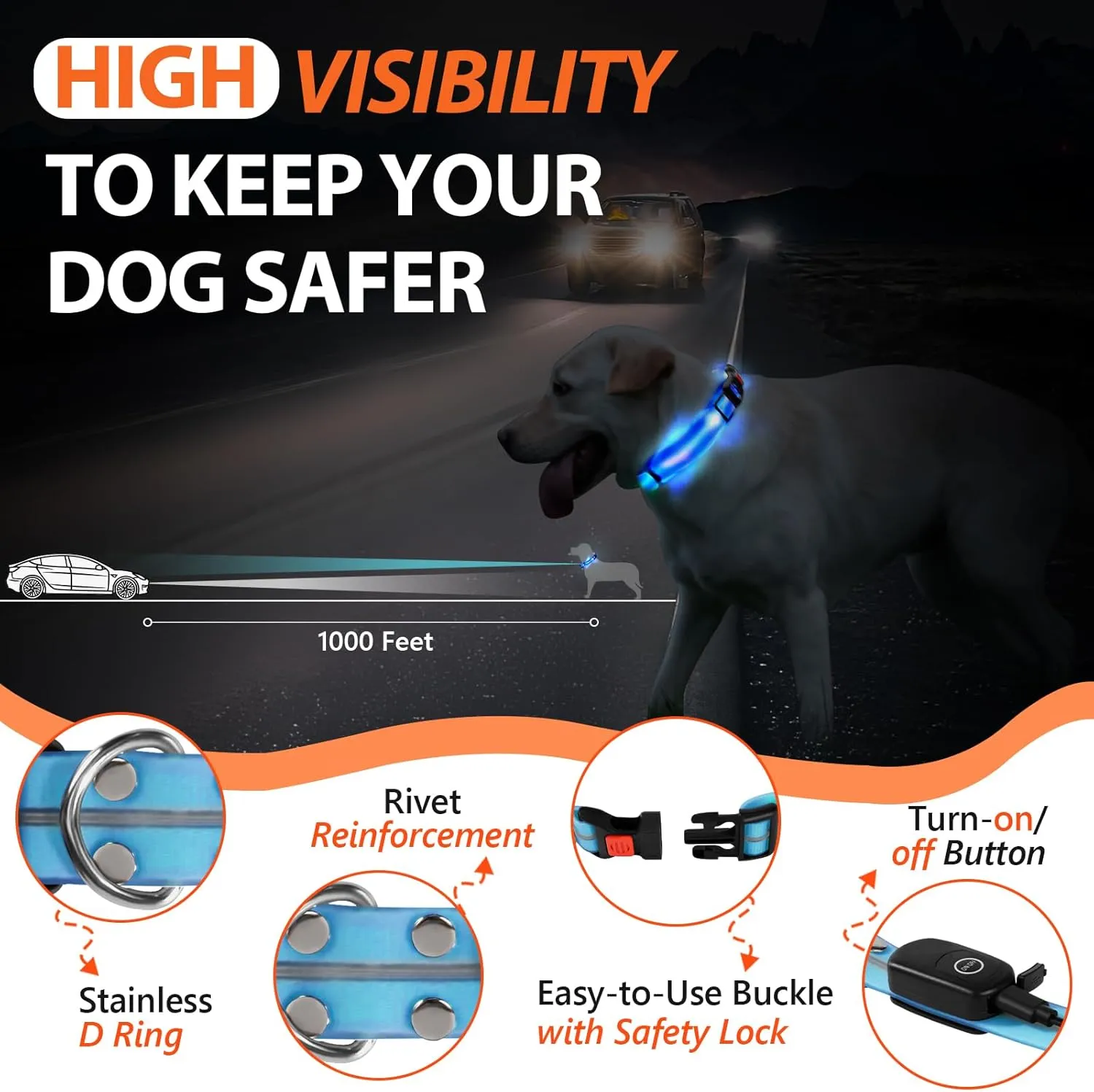 LED Dog Collars - USB Rechargeable, Waterproof, Flashing Glow in Dark, Adjustable Light Up Collars for Night Walking (Blue, Pack of 1)