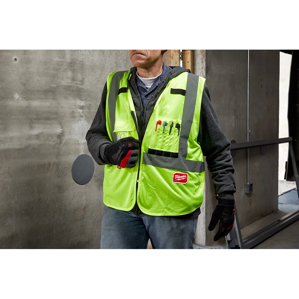 Milwaukee® 48-73-5021 Safety Vest, S/M, #1, #10, #15, #2, 1/4 in, 3/16 in Vest, Hi-Viz Yellow Vest, Zipper Closure