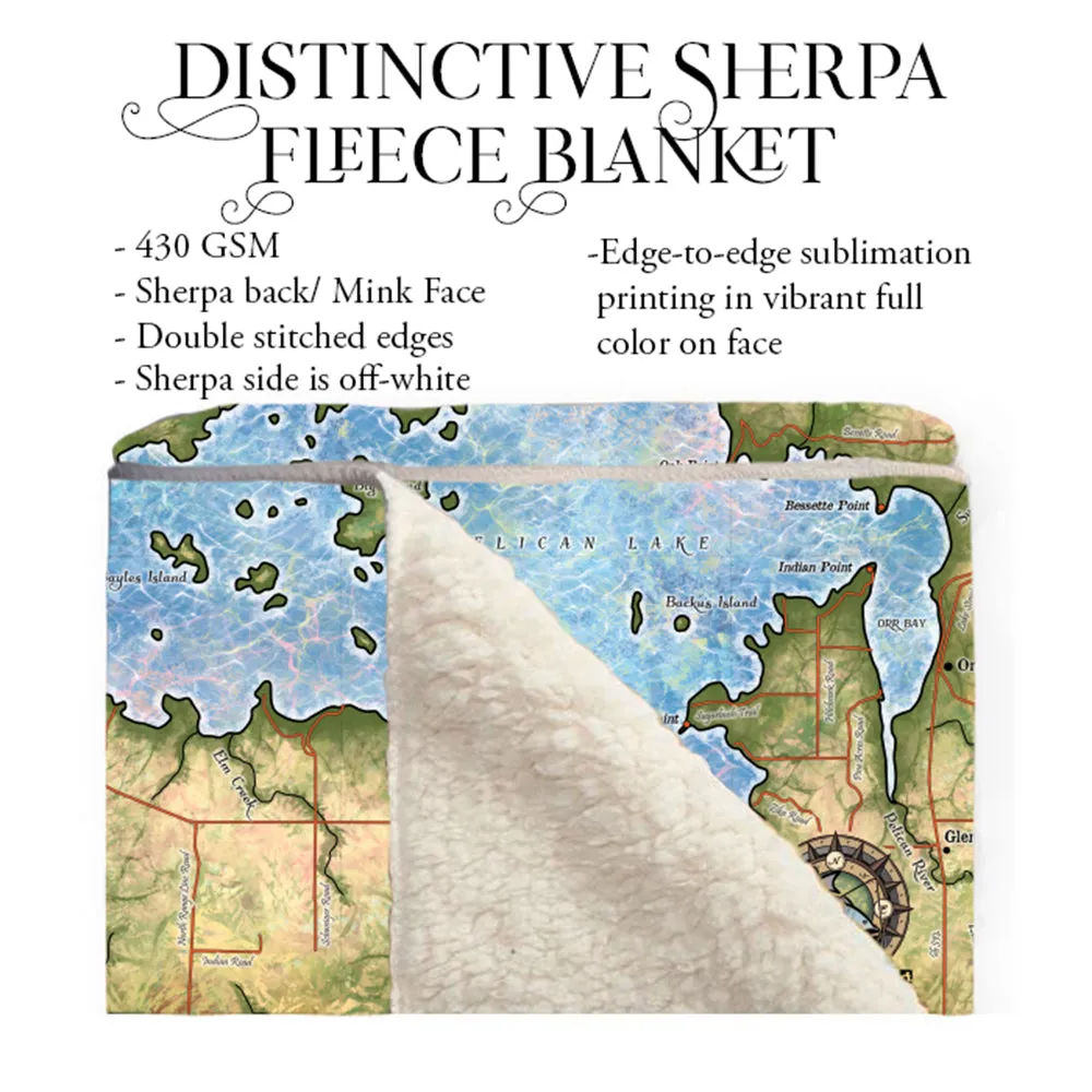 Pelican Lake Minnesota Map Sherpa Fleece Blanket Double Stitched Edges Cozy Luxury Fluffy Super Soft 430 GSM Polyester Throw Blanket