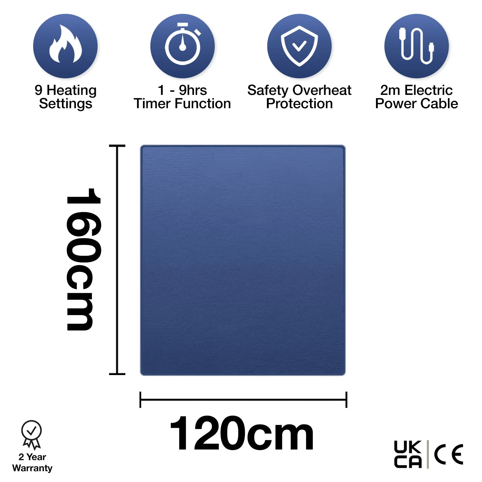 Purus Heated Throw Navy Blue Electric Fleece Blanket Sofa Bed Throw 160 x 120cm
