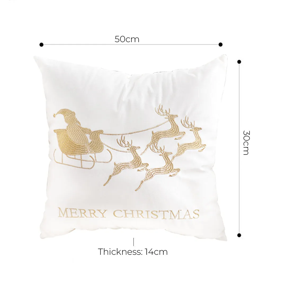 SOGA 45cm Throw Pillow White with Golden Christmas Sleigh Design Festive Holiday Square Cushion Decor
