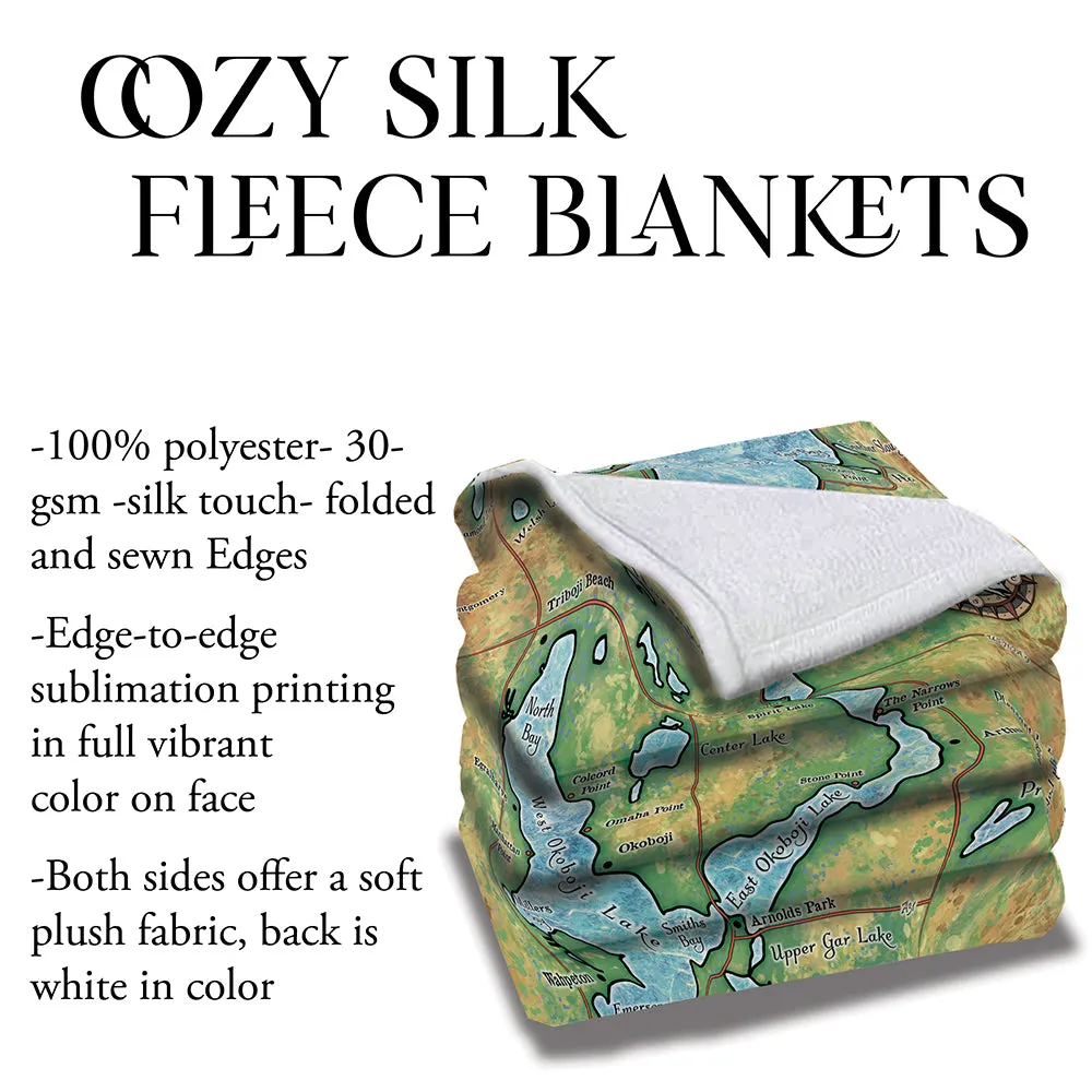 Spirit Lake and Lake Ookoboji Iowa Map Blanket Double Stitched Edges Cozy Luxury Fluffy Super Soft 430 GSM Polyester Throw Blanket
