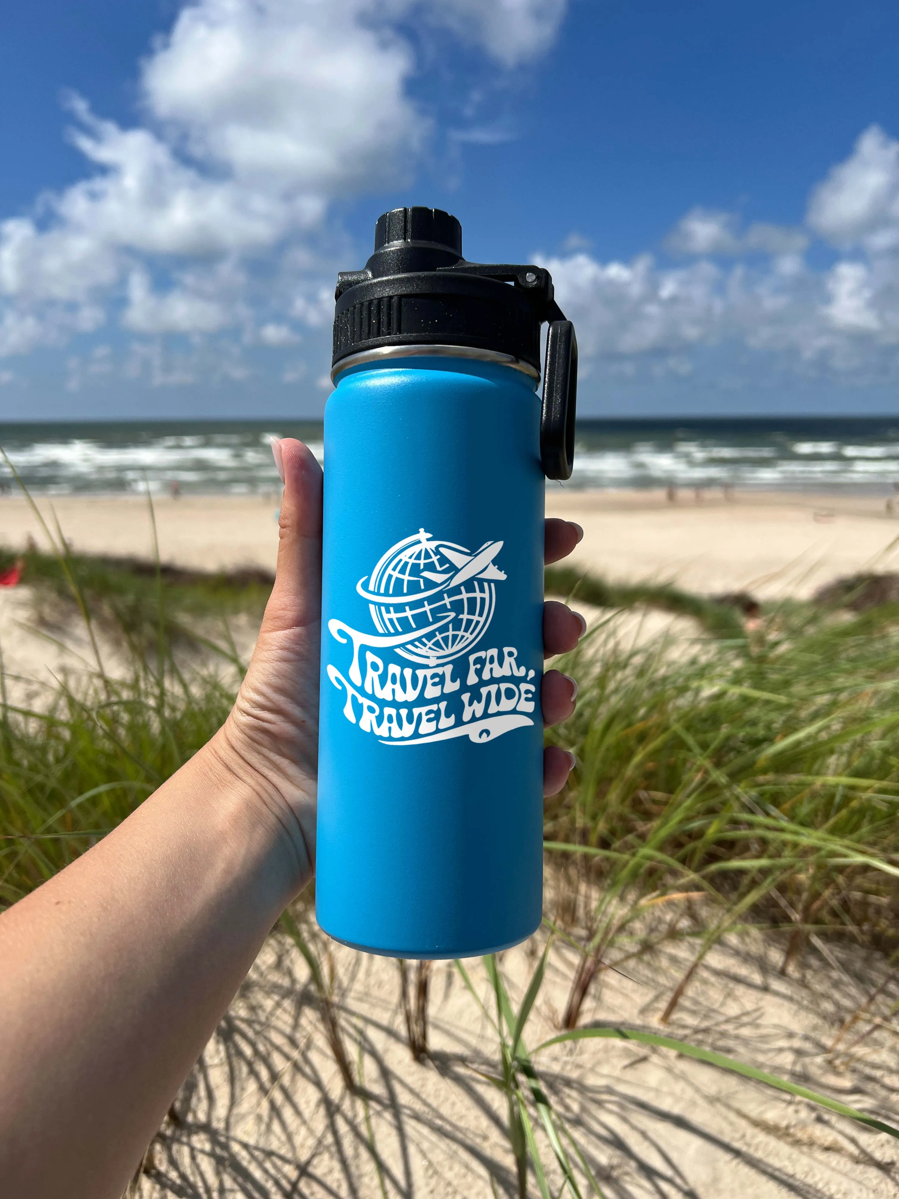 Traveling around World Sports Water Bottle 18/32 oz,  Stainless Steel Insulated Flasks, Custom Water Bottle, Name Bottle,  Keeps Cold 24 Hrs