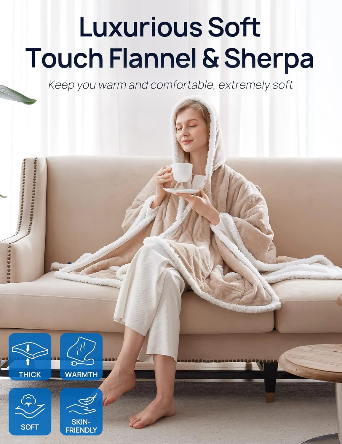 Wearable Heated Hoodie Blanket 60"x50" Beige & Ivory