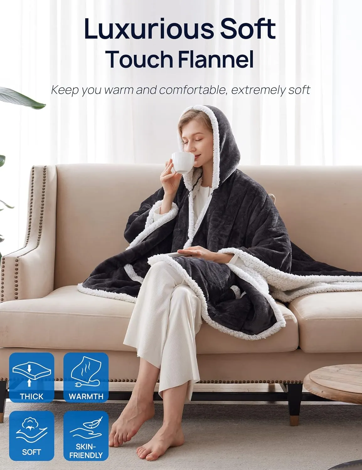 Wearable Heated Hoodie Blanket 60"x50" Grey & Ivory