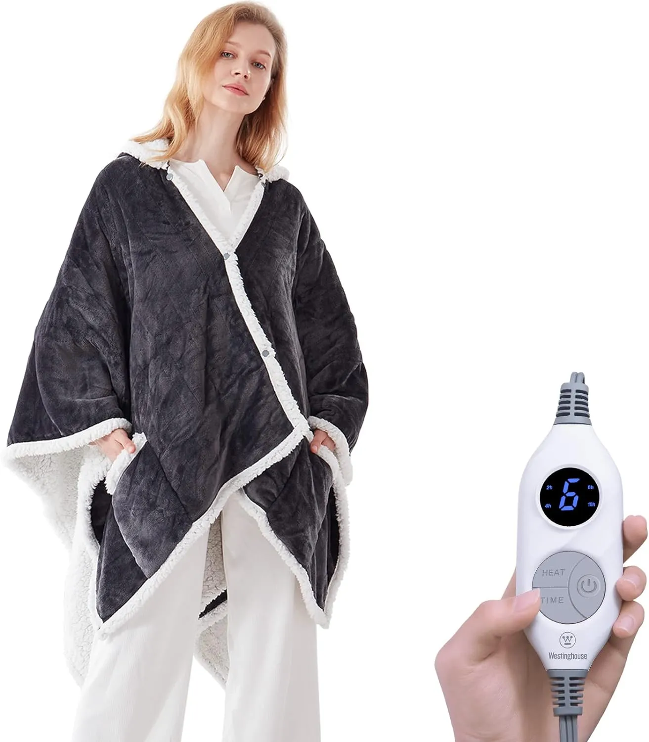 Wearable Heated Hoodie Blanket 60"x50" Grey & Ivory